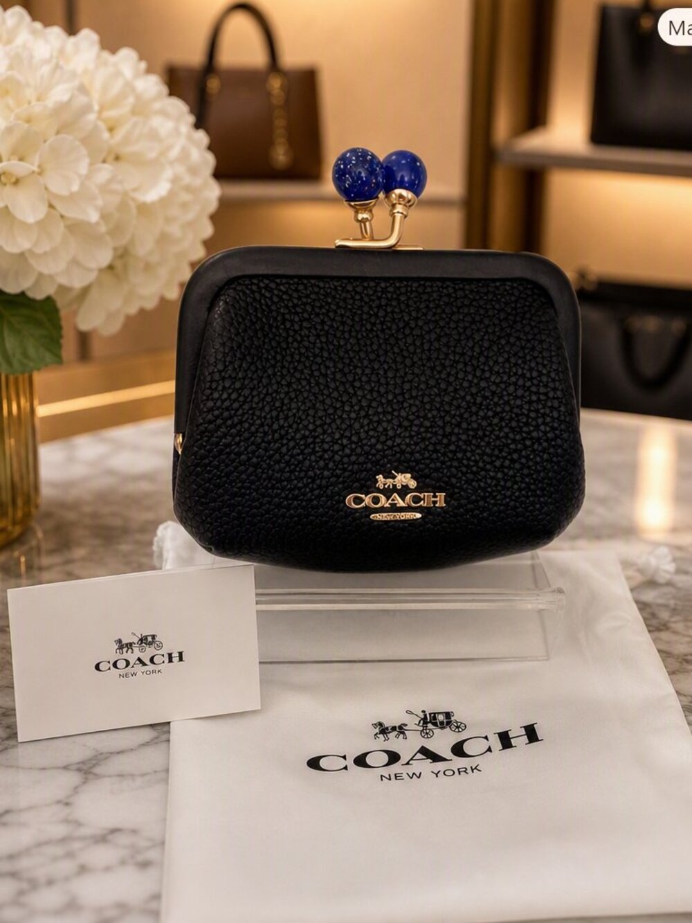 Coach Nora Black Pebbled Leather Kiss-Lock Coin Purse C2133
